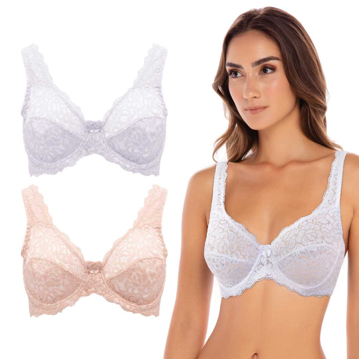 René Rofé 2 Pack Stretch Lace Unpadded Bras in White and Beige