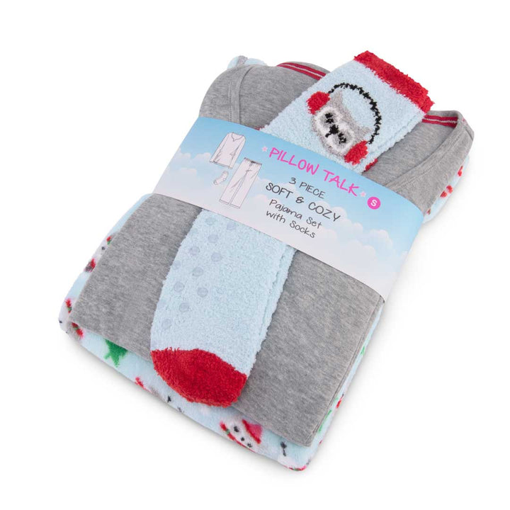 Gift wrapped René Rofé 3 Piece Christmas Pajamas Gift Set in Blue Snowmen