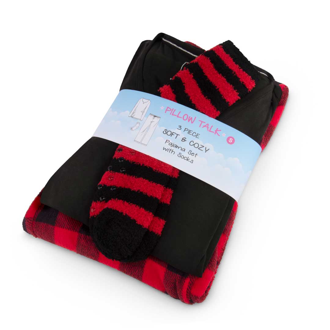 Gift wrapped René Rofé 3 Piece Christmas Pajamas Gift Set in Checkered Black and Red