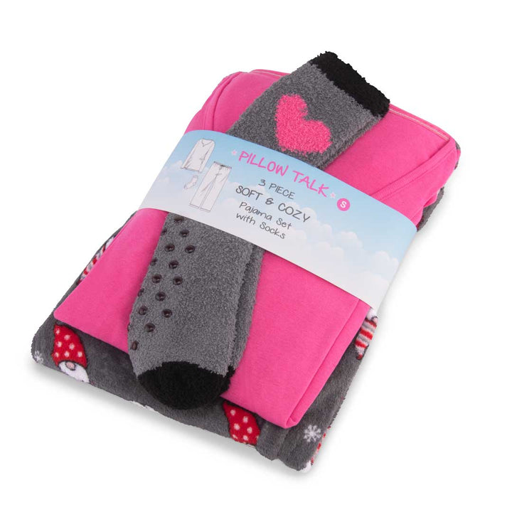 Gift wrapped René Rofé 3 Piece Christmas Pajamas Gift Set in Pink Santa Claus