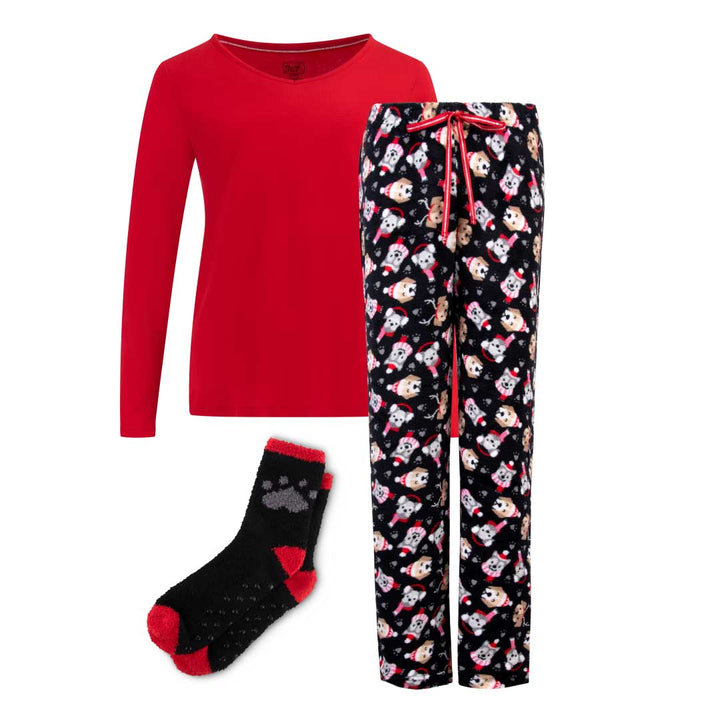René Rofé 3 Piece Christmas Pajamas Gift Set in Red Dogs