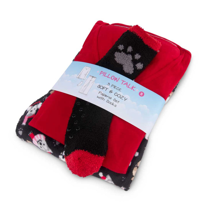 Gift wrapped René Rofé 3 Piece Christmas Pajamas Gift Set in Red Dogs