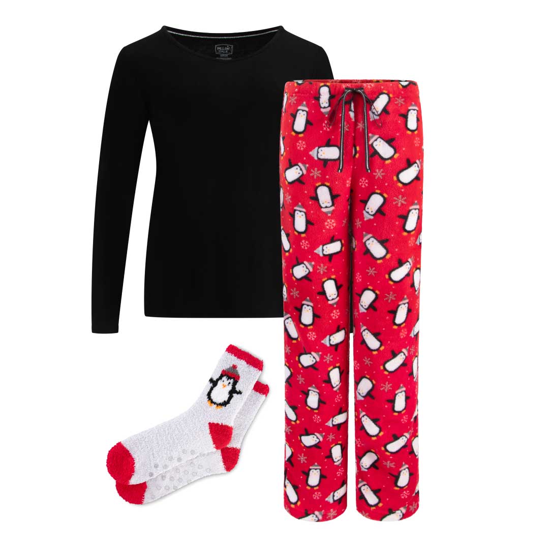 René Rofé 3 Piece Christmas Pajamas Gift Set in Red Penguins