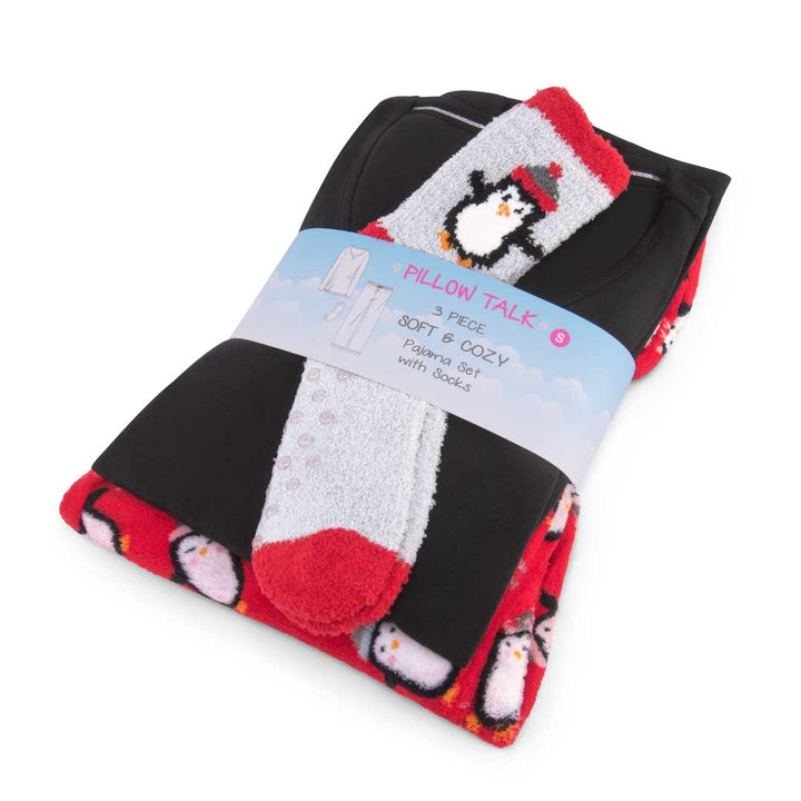 Gift wrapped René Rofé 3 Piece Christmas Pajamas Gift Set in Red Penguins