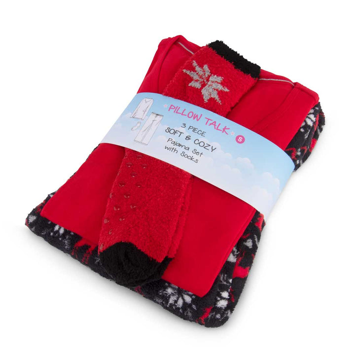 Gift wrapped René Rofé 3 Piece Christmas Pajamas Gift Set in Reindeer in Red print