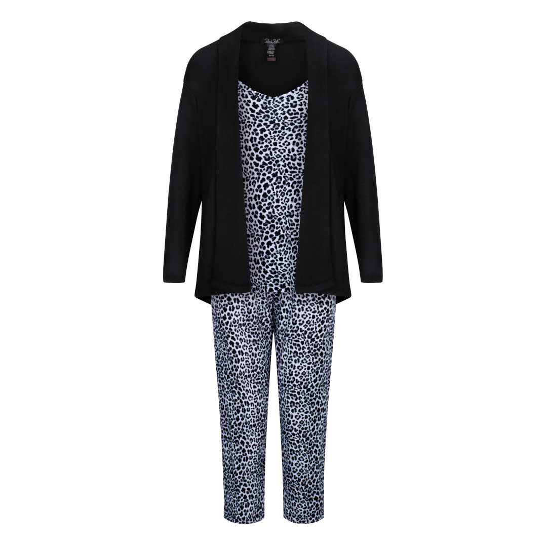 René Rofé 3-Piece Super Soft Robe and Capri Women's Pajama Set in Black Leopard Print