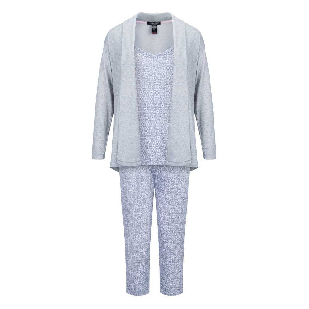 René Rofé 3-Piece Super Soft Robe and Capri Women's Pajama Set in Grey and White Pattern