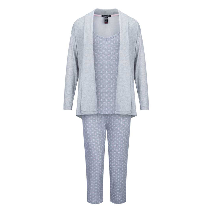 René Rofé 3-Piece Super Soft Robe and Capri Women's Pajama Set in Grey with Pink and White Pattern