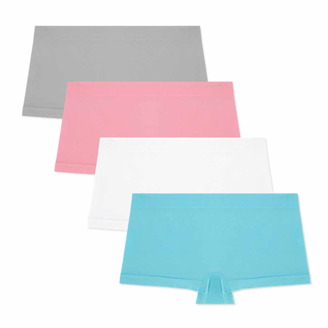 René Rofé 4 Pack Girls Seamless Boyshorts set with Gray, Pink, White and Blue panties