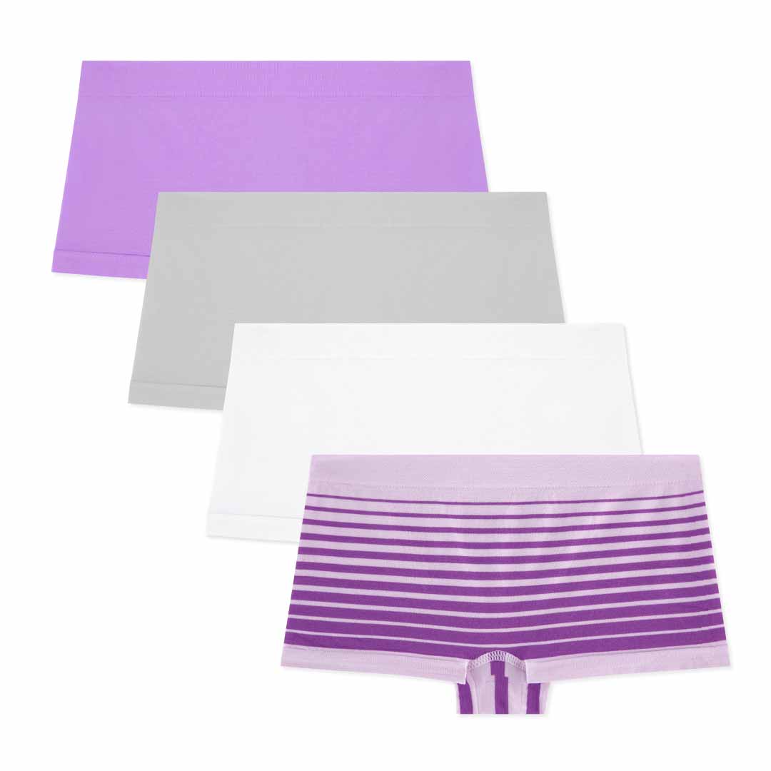 René Rofé 4 Pack Girls Seamless Boyshorts set with Purple, Grey, White and Purple Stripes panties