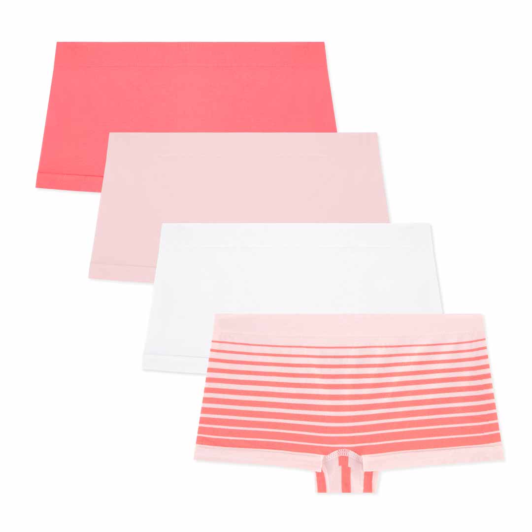 René Rofé 4 Pack Girls Seamless Boyshorts set with Salmon, Pink, White and Pink Stripes panties