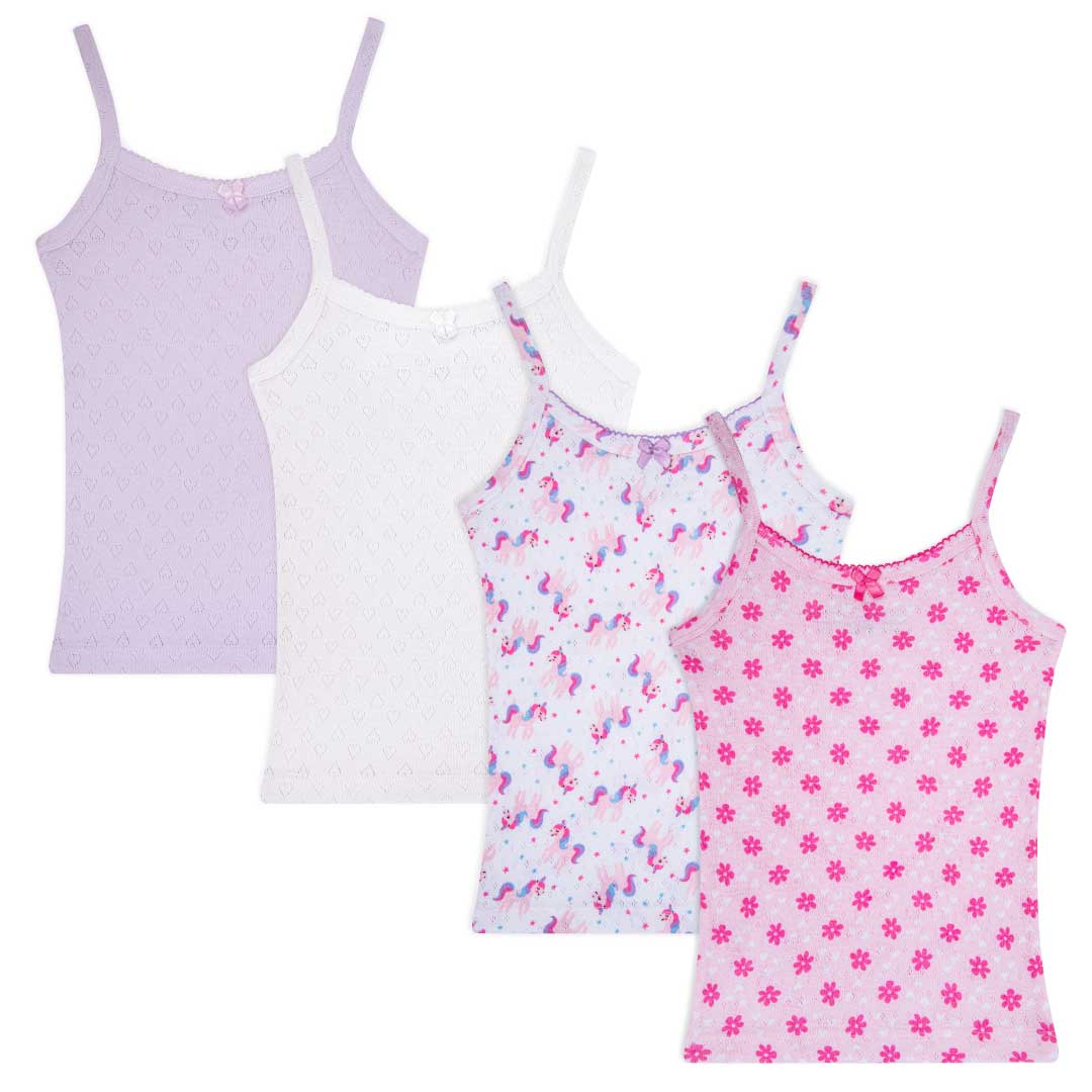 Shop the René Rofé 4 Pack Girls Camisoles in Unicorn and Pink Flowers pattern