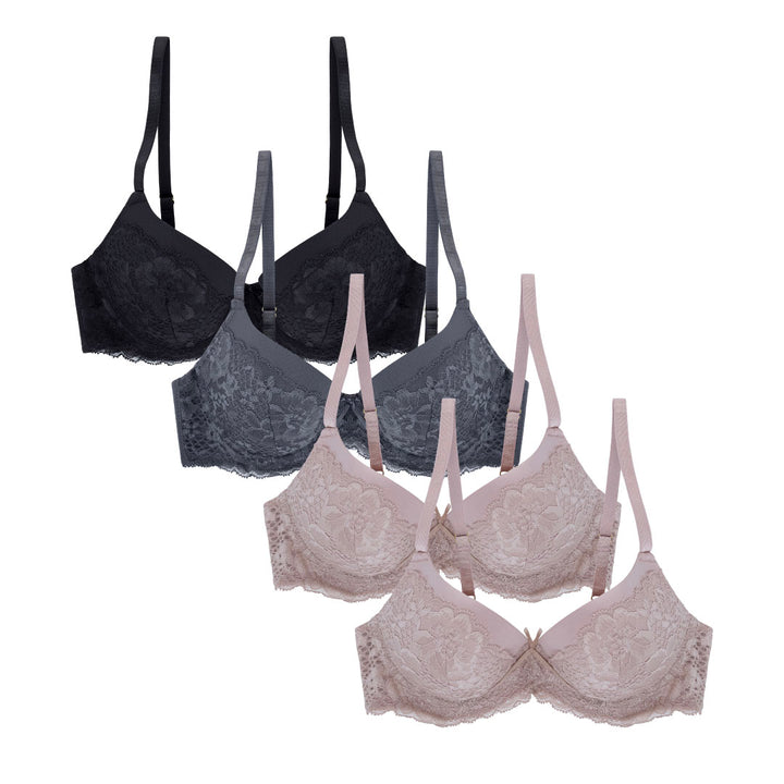 René Rofé 4 Pack Lace Push Up Bras in Black, Grey and Mauve 