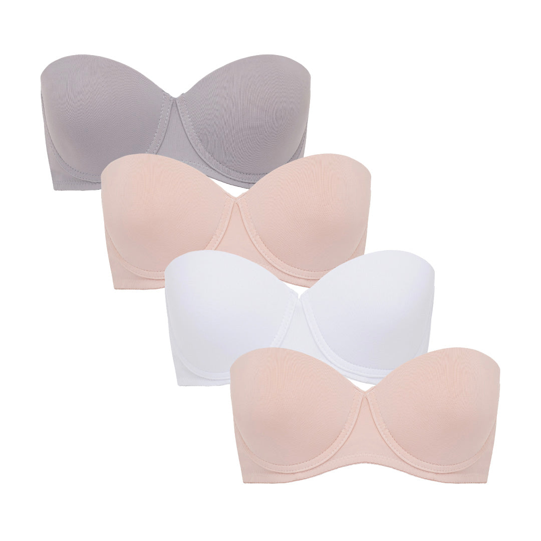 Four pack of René Rofé multiway convertible contour bras, flat lay showing the detachable straps