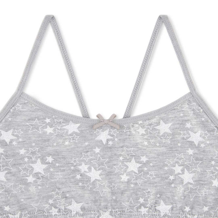 Close up of the Gray with stars print bra as a part of the René Rofé 5 Pack Cotton Racerback Bras
