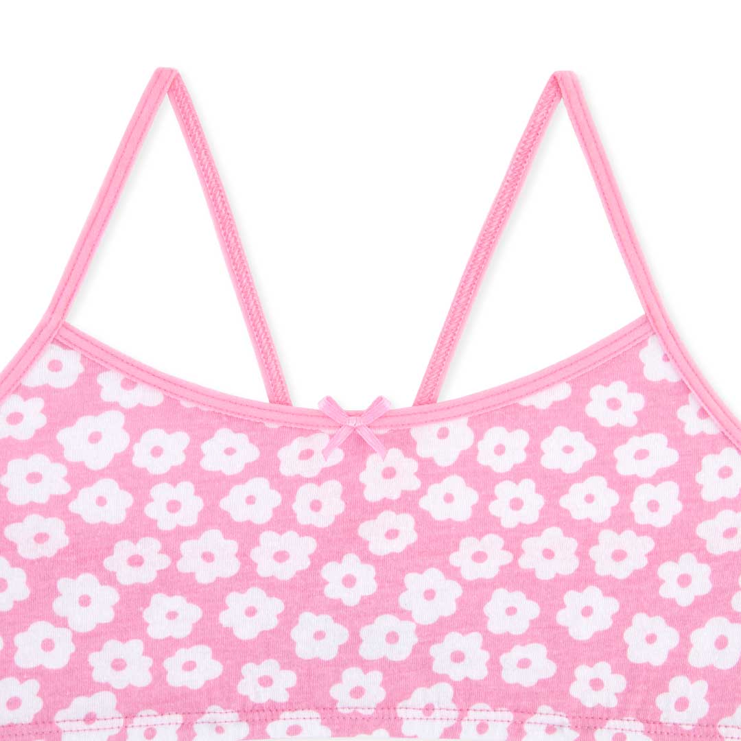 Close up of the Pink with flowers print bra as a part of the René Rofé 5 Pack Cotton Racerback Bras