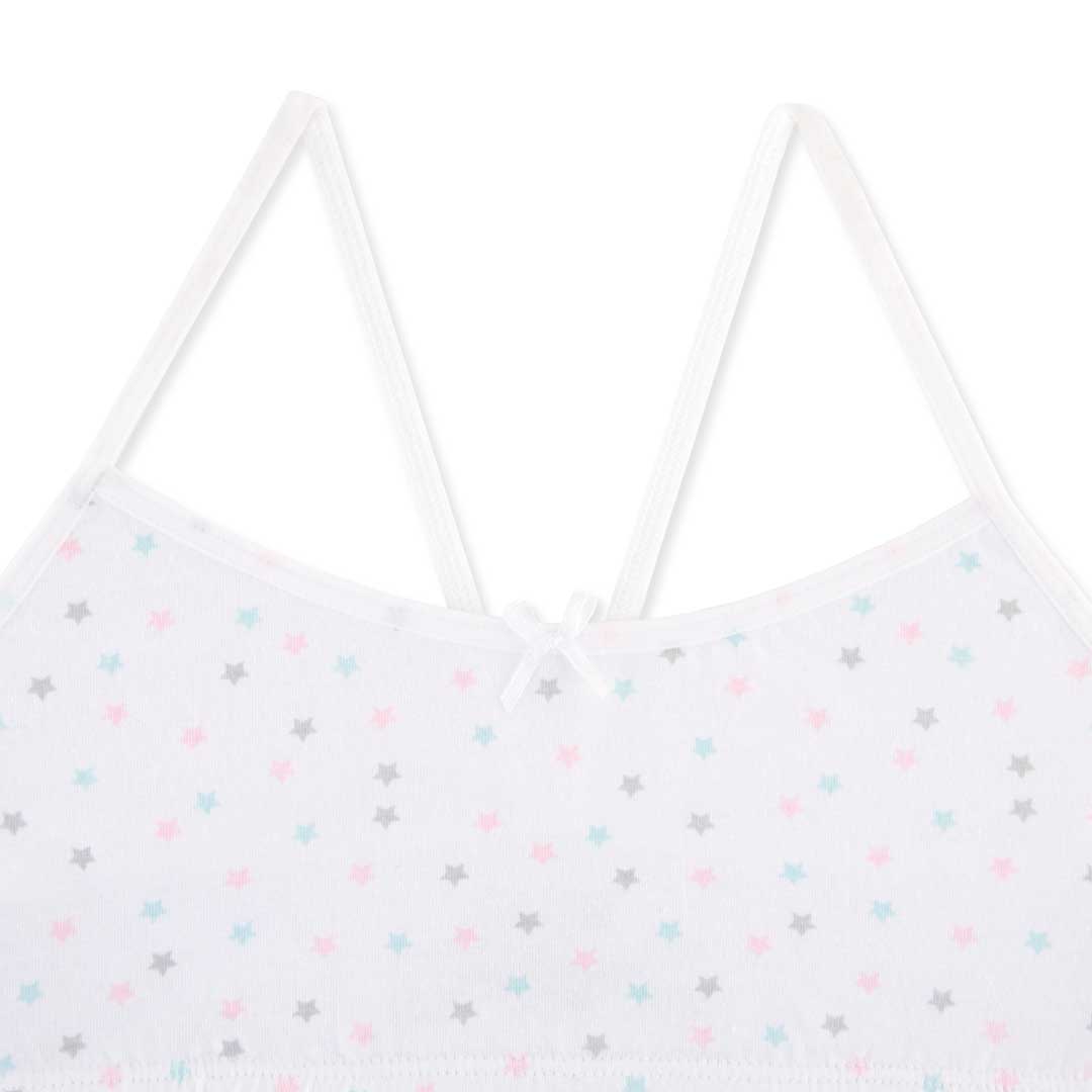 Close up of the Pink Stars print bra as a part of the René Rofé 5 Pack Cotton Racerback Bras