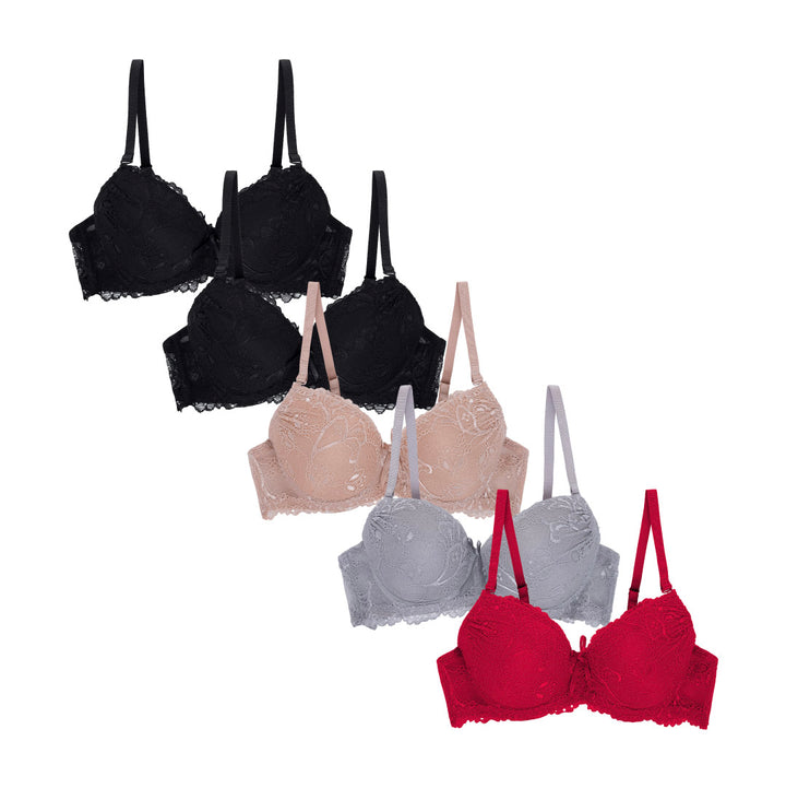 René Rofé 5 Pack Push Up Bra with Red, Black, Beige and Grey bras