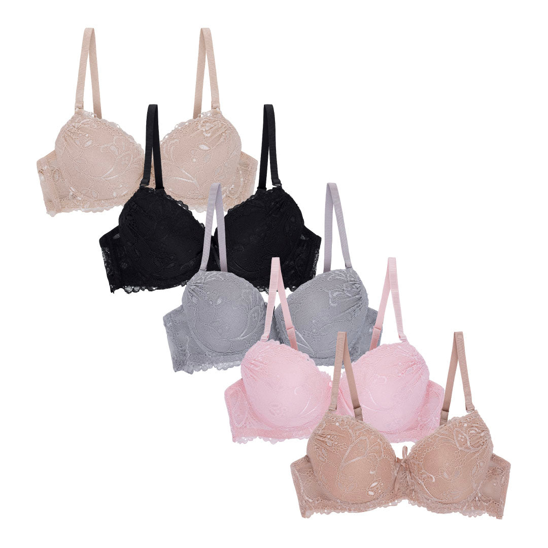 René Rofé 5 Pack Push Up Bra with Beige, Brown, Black, Grey and Pink bras