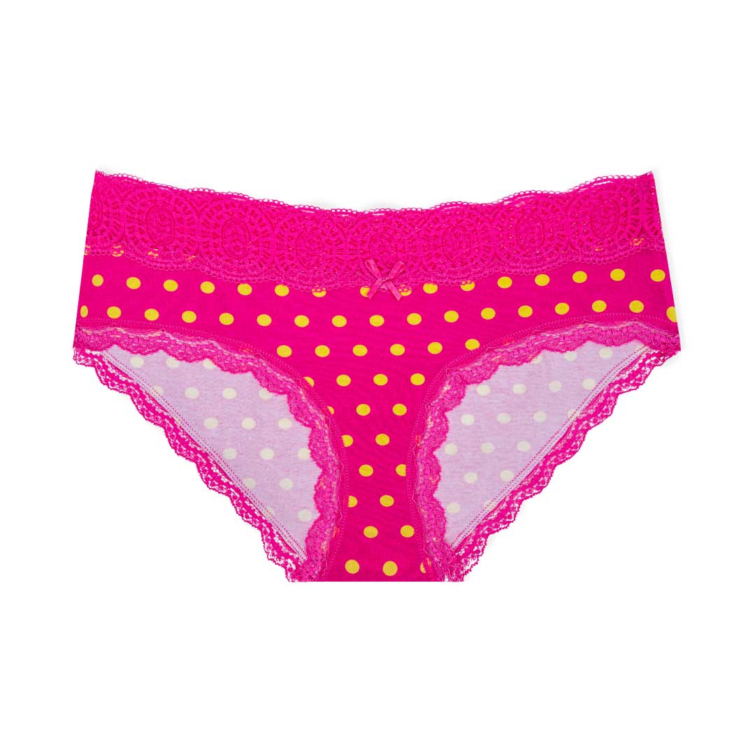 Pink colored lace trim bikinis as part of the René Rofé 5 Pack Cotton with Lace Trim Bikinis set