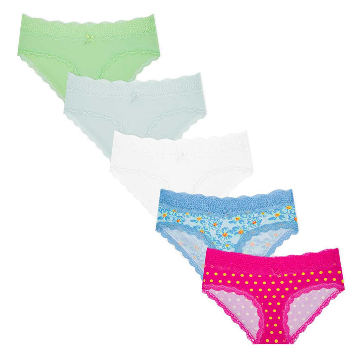 Shop the René Rofé 5 Pack Cotton with Lace Trim Bikinis in Green, Grey, White, Blue and Pink color