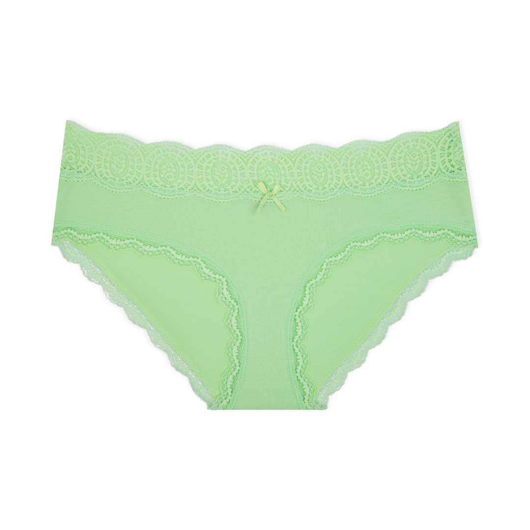 Green colored lace trim bikinis as part of the René Rofé 5 Pack Cotton with Lace Trim Bikinis set