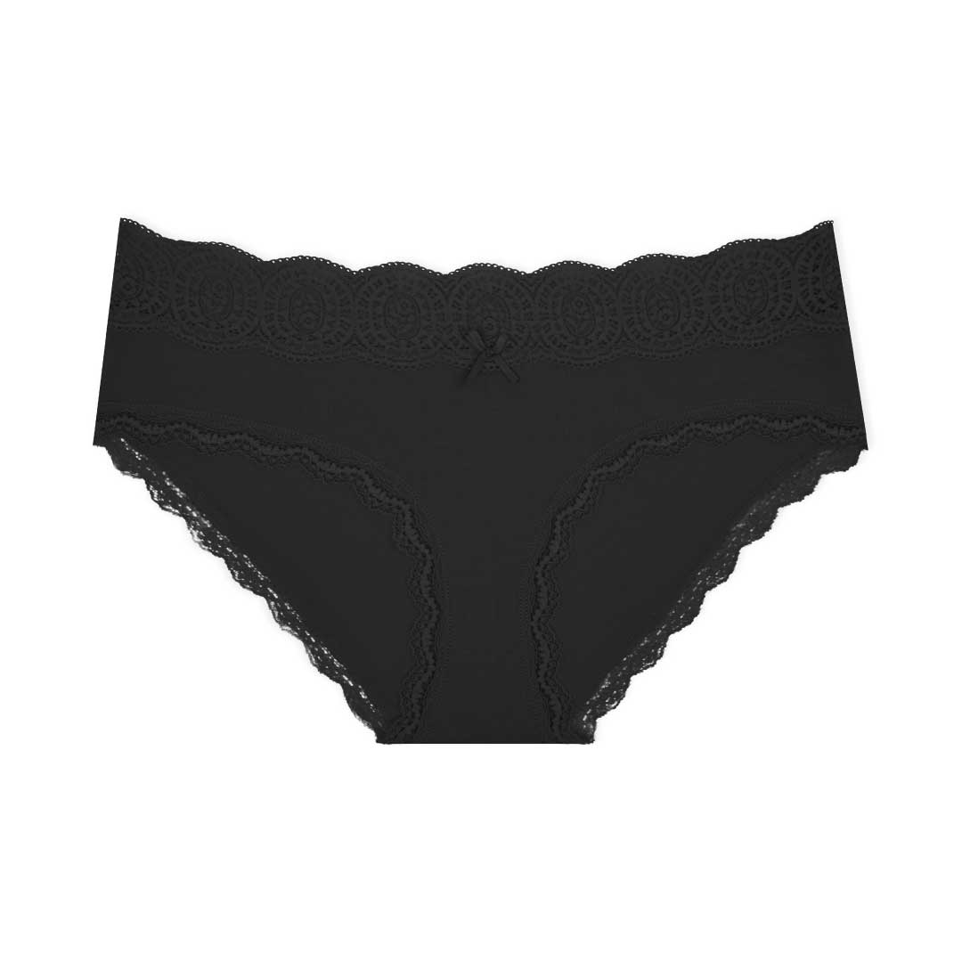 Black colored lace trim bikinis as part of the René Rofé 5 Pack Cotton with Lace Trim Bikinis set