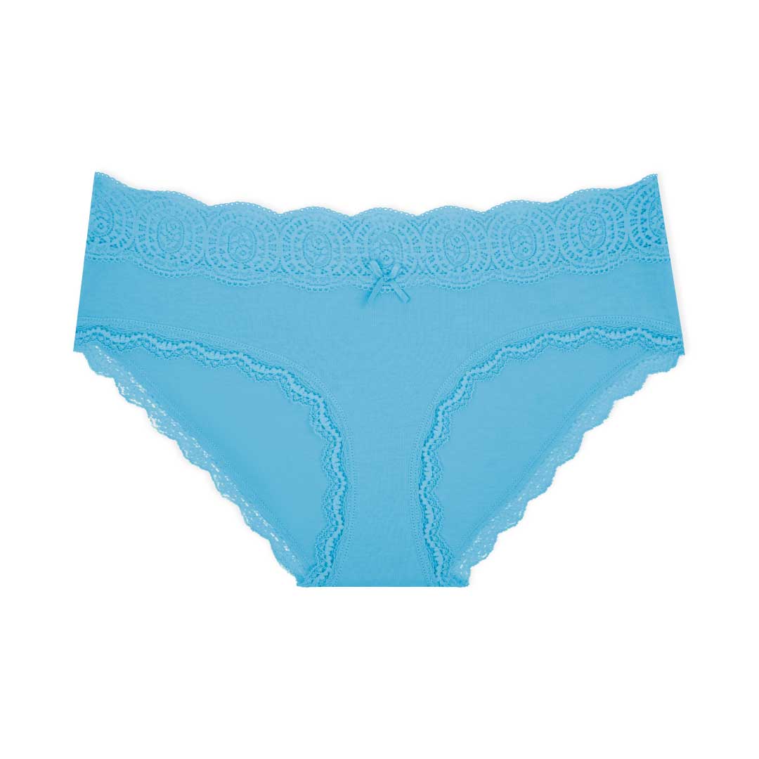 Blue colored lace trim bikinis as part of the René Rofé 5 Pack Cotton with Lace Trim Bikinis set
