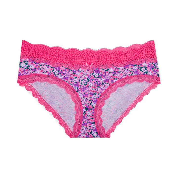 Rose colored lace trim bikinis as part of the René Rofé 5 Pack Cotton with Lace Trim Bikinis set