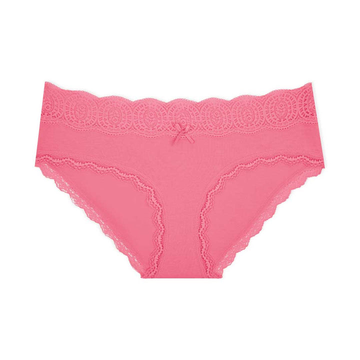 Pink colored lace trim bikinis as part of the René Rofé 5 Pack Cotton with Lace Trim Bikinis set