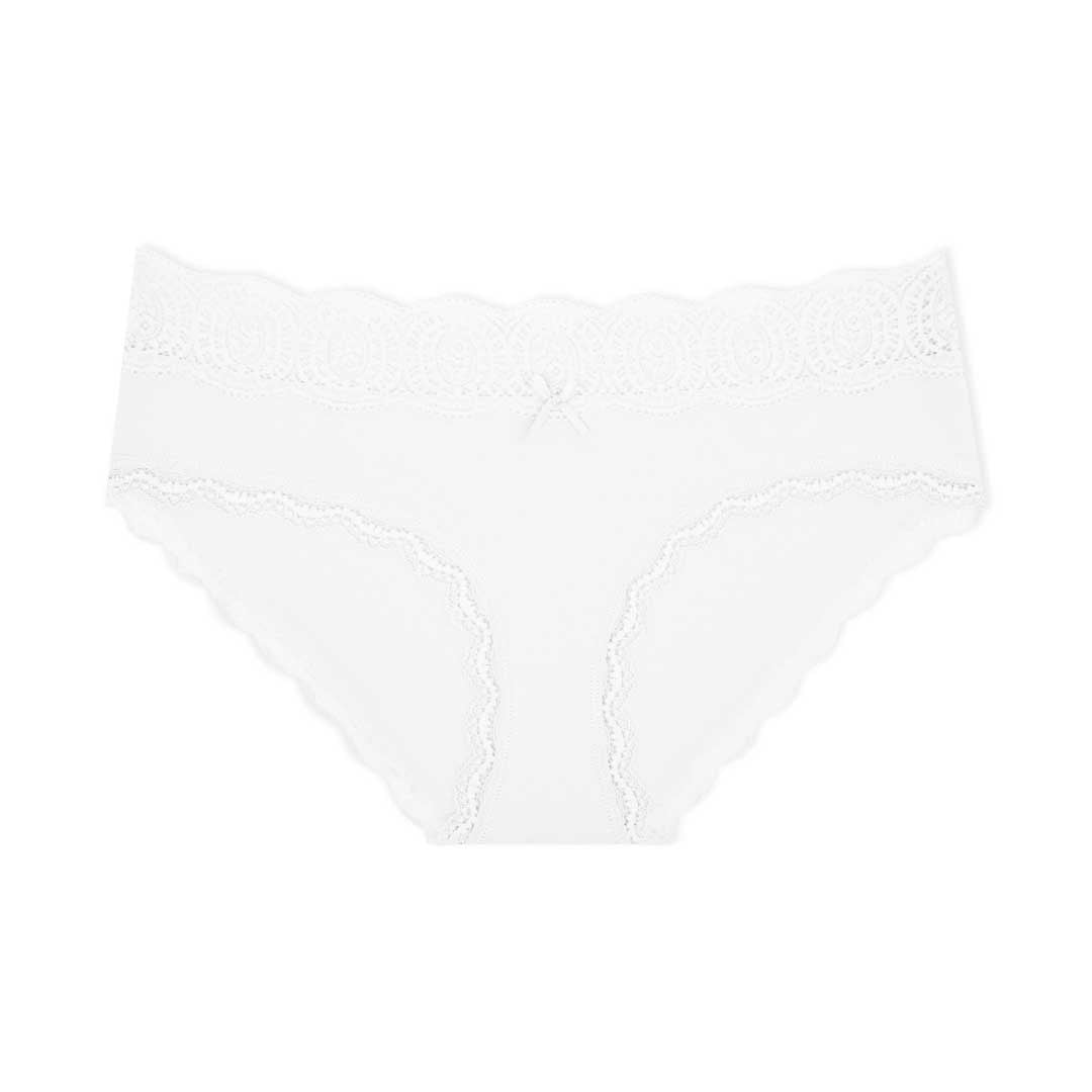 White colored lace trim bikinis as part of the René Rofé 5 Pack Cotton with Lace Trim Bikinis set