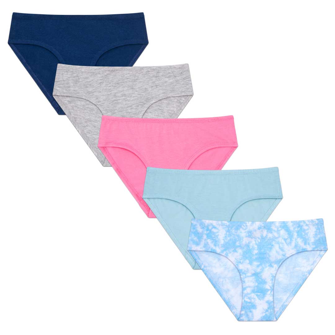 5 Pack Cotton Spandex Bikini Underwear in blue tie-dye pattern by René Rofé 