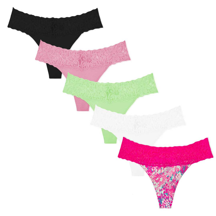 Shop the René Rofé 5 Pack Microfiber with Lace Thongs in Black, Rose, Green, White and Pink color 