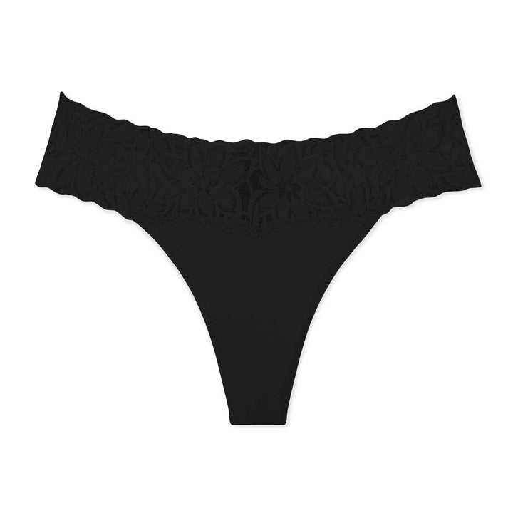 Black colored thong as part of the René Rofé 5 Pack Microfiber with Lace Thongs set