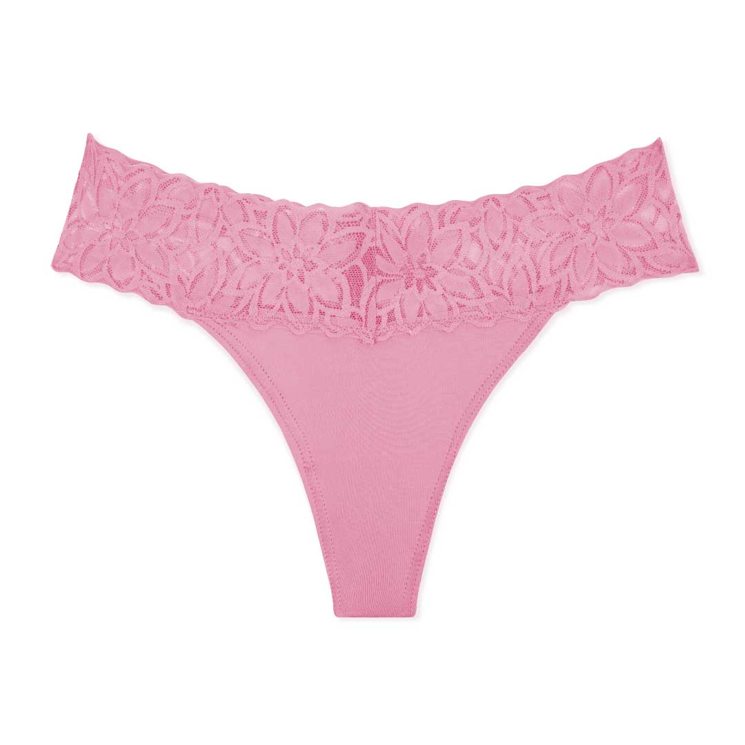 Rose colored thong as part of the René Rofé 5 Pack Microfiber with Lace Thongs set