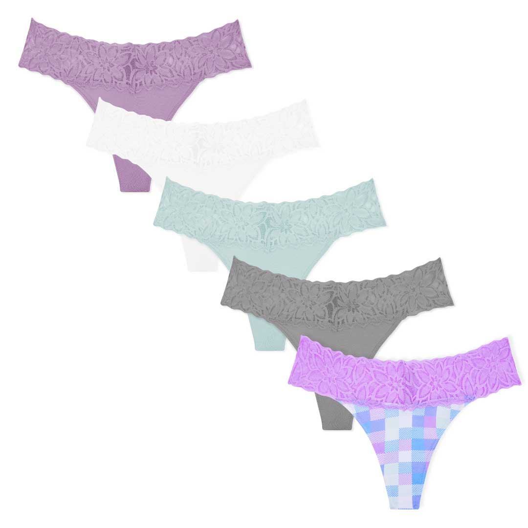 Shop the René Rofé 5 Pack Microfiber with Lace Thongs in Lavender, White, Mint, Grey and Purple color
