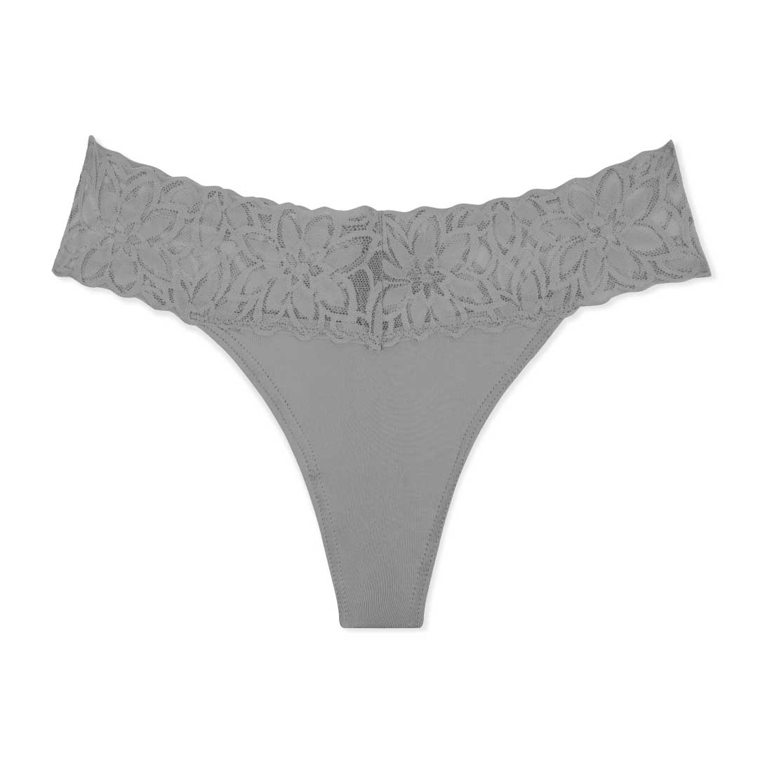 Grey colored thong as part of the René Rofé 5 Pack Microfiber with Lace Thongs set