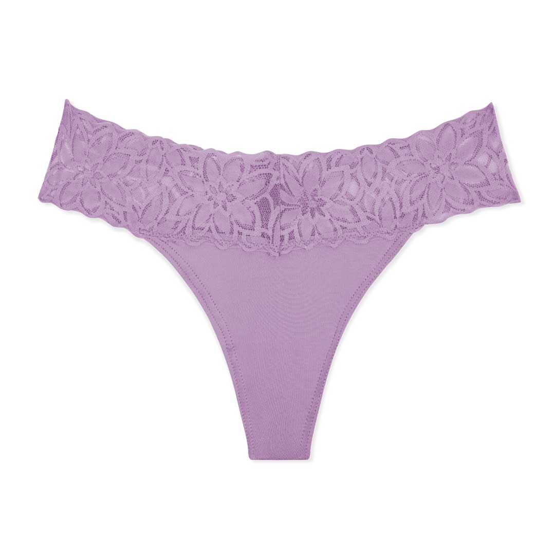 Lavender colored thong as part of the René Rofé 5 Pack Microfiber with Lace Thongs set