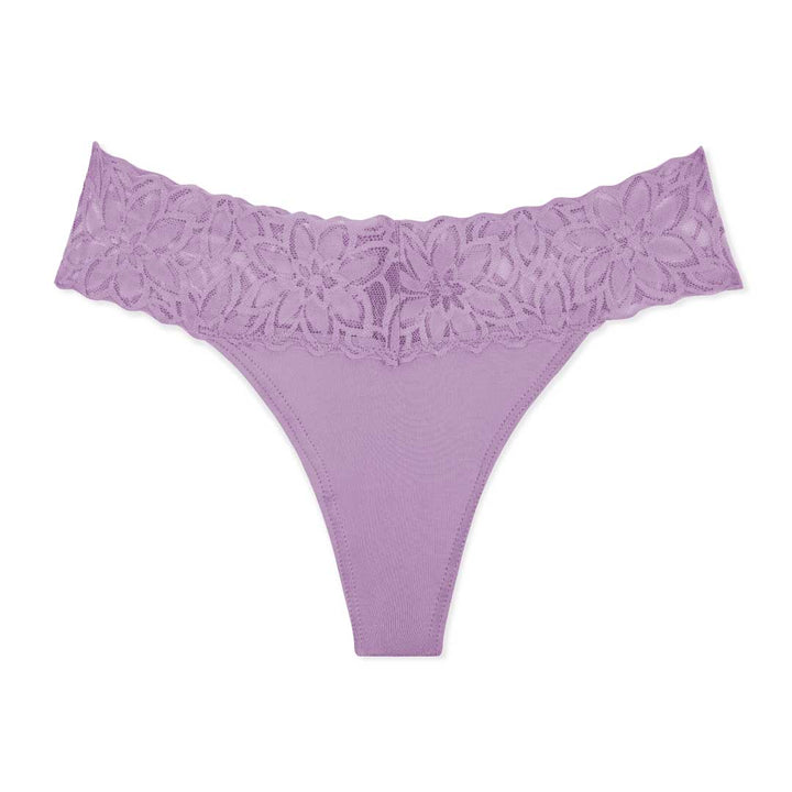 Lavender colored thong as part of the René Rofé 5 Pack Microfiber with Lace Thongs set
