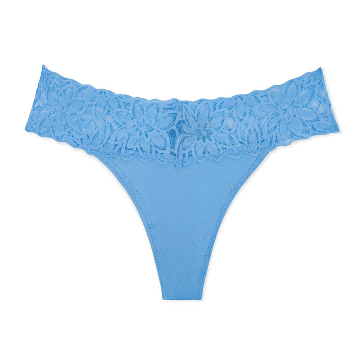 Blue colored thong as part of the René Rofé 5 Pack Microfiber with Lace Thongs set