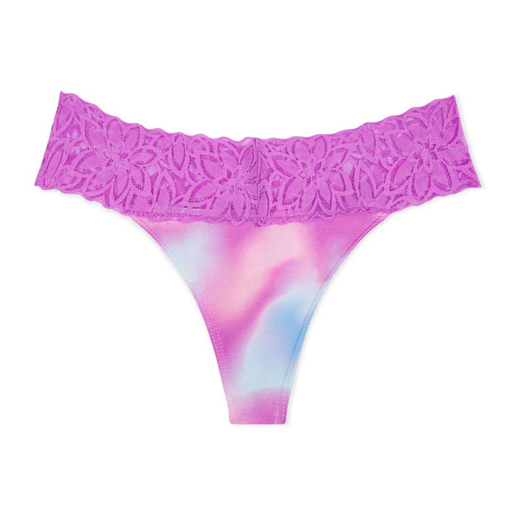 Purple colored thong as part of the René Rofé 5 Pack Microfiber with Lace Thongs set