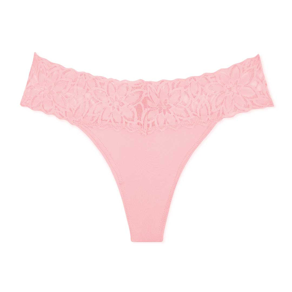 Pink colored thong as part of the René Rofé 5 Pack Microfiber with Lace Thongs set