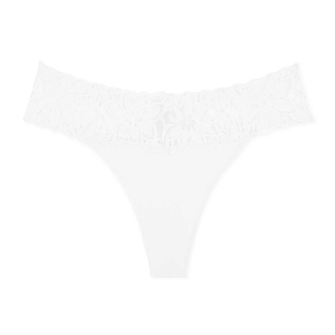 White colored thong as part of the René Rofé 5 Pack Microfiber with Lace Thongs set