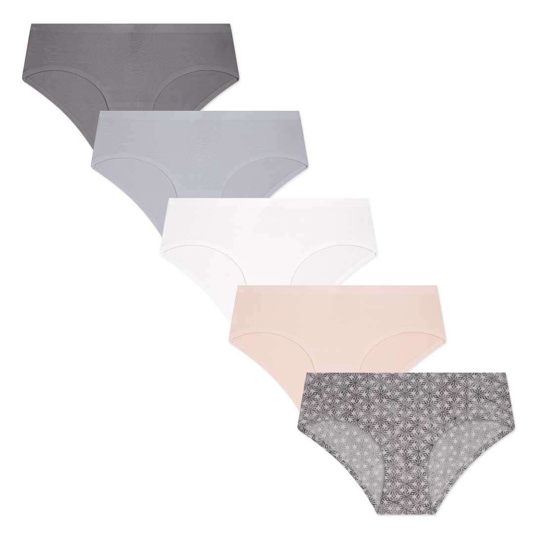 Shop the 5 Pack No Show Hipster Panties Set in Dark Grey, Grey, White, Peach, Floral Print Colors 