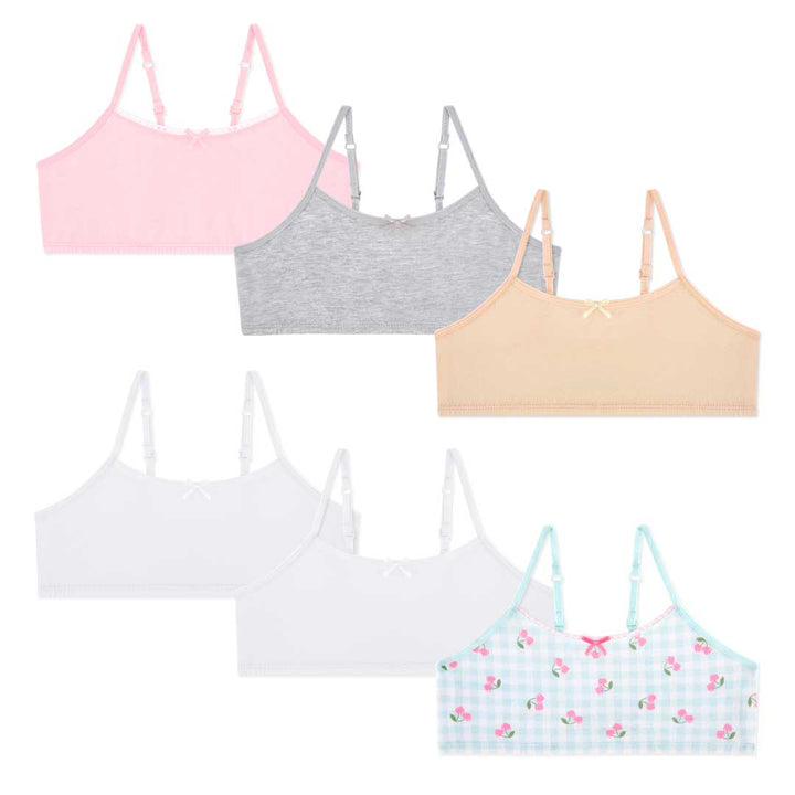 René Rofé Cotton Spandex Training Bras (6 Pack) in Pink, Gray, Beige, White and Cherries print