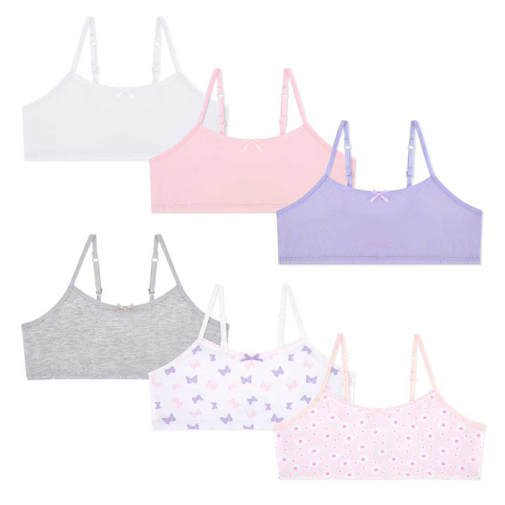 René Rofé Cotton Spandex Training Bras (6 Pack) in White, Pink, Purple, Gray, Butterflies print and Daisies print