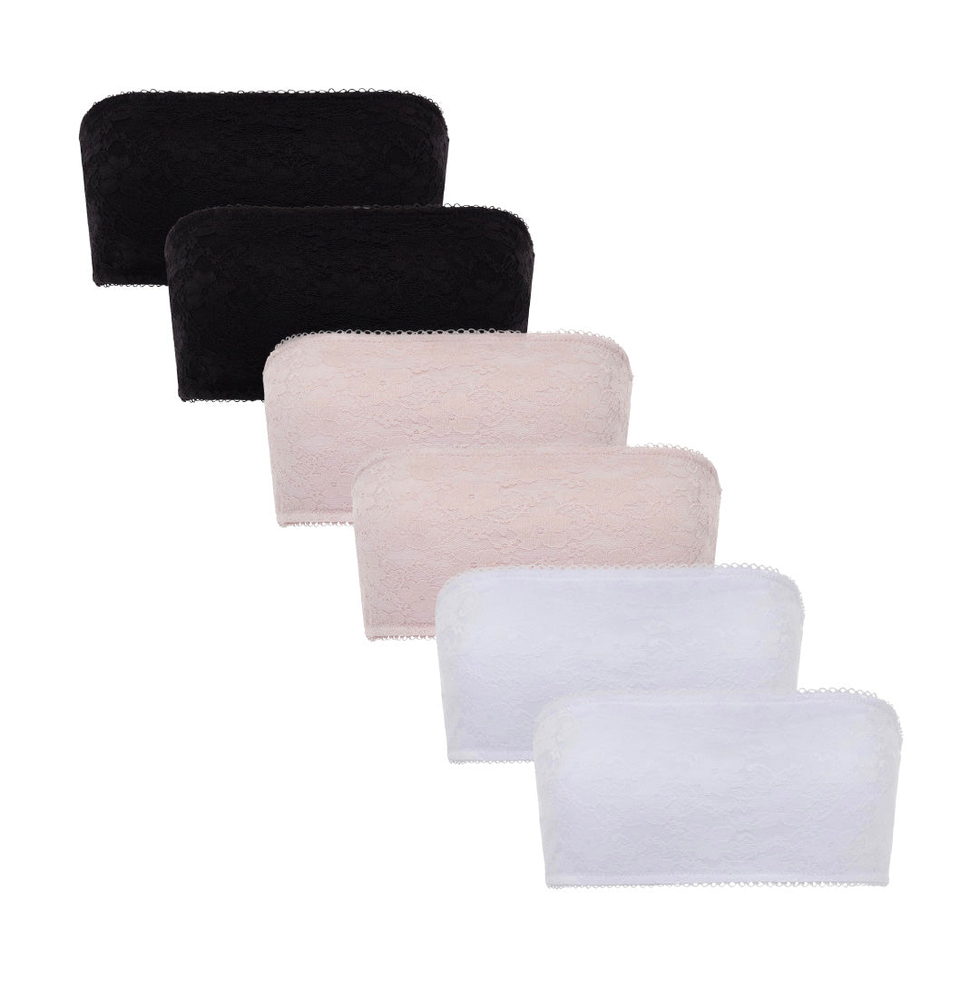 Six pack of René Rofé lace bandeau bralettes, flat lay showing the strapless chest wrap band and removable pads