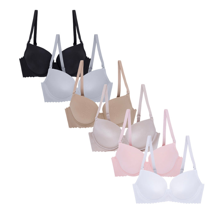 René Rofé 6 Pack Light Push Up Balconette Bras in Black, Grey, Brown, Beige, Pink and White