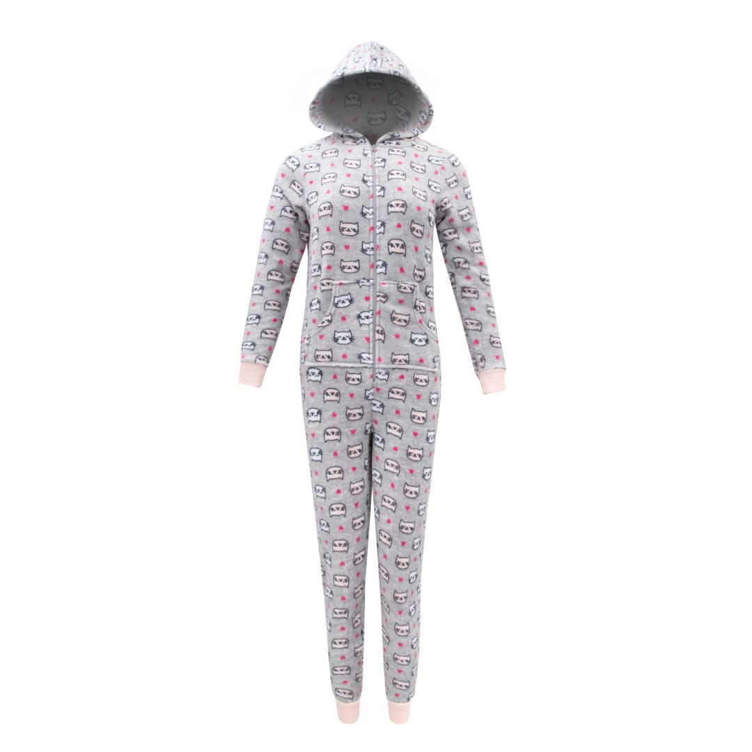 René Rofé Hooded Plush Pajama Jumpsuit (Zip Up Onesie) in Gray with Cats print