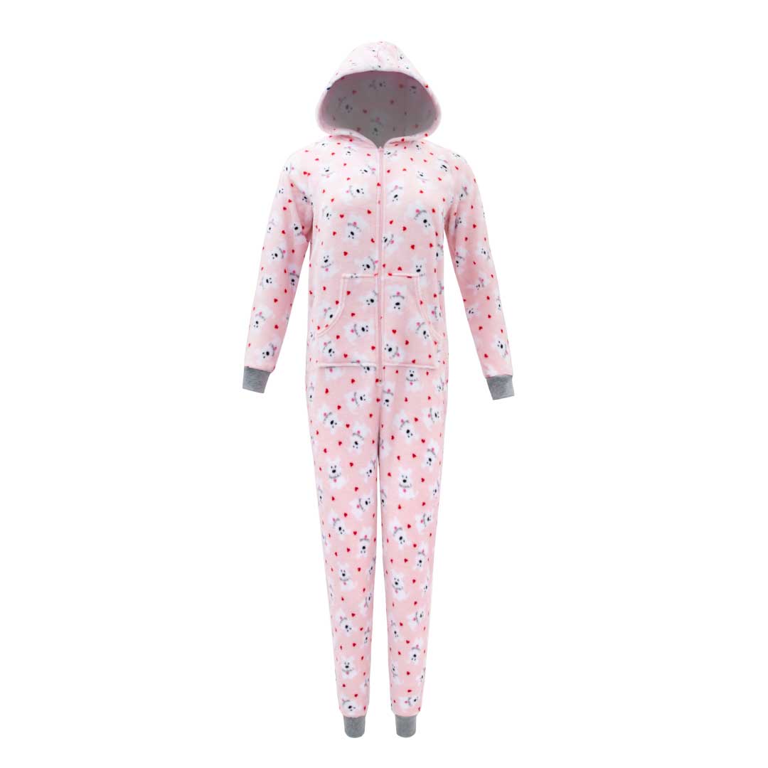 René Rofé Hooded Plush Pajama Jumpsuit (Zip Up Onesie) in Pink with Dogs print